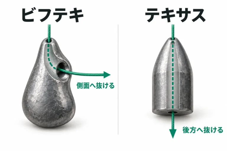 ビーンズシンカーは前端から入った糸が側面へ抜け、バレットシンカーは前端から後方へ抜ける。緑の線で糸の通り道を示したイラスト。