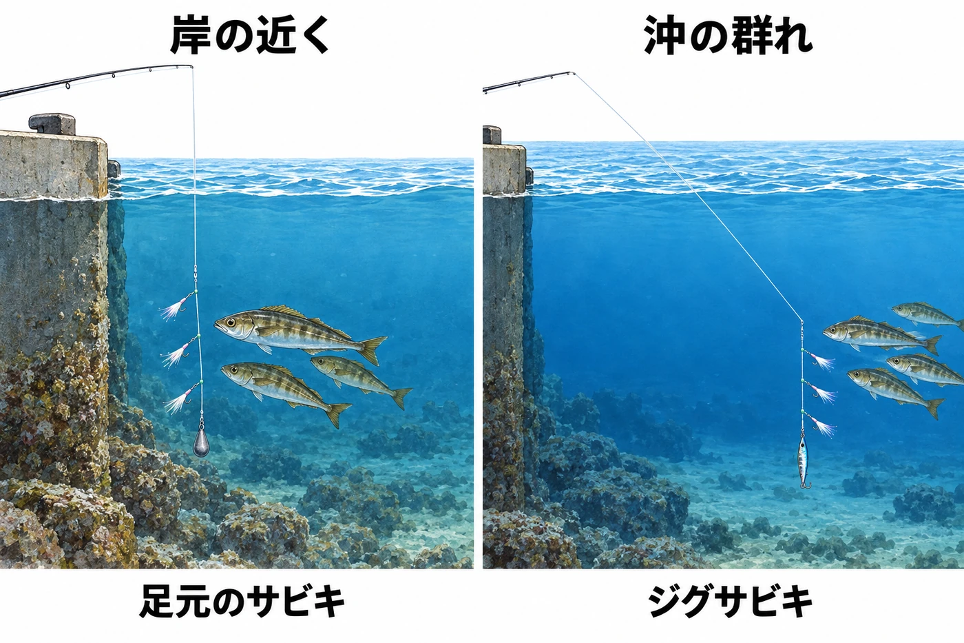 岸の近くへ下ろすサビキと、沖へ投げるジグサビキの探る範囲を比べたイラスト。