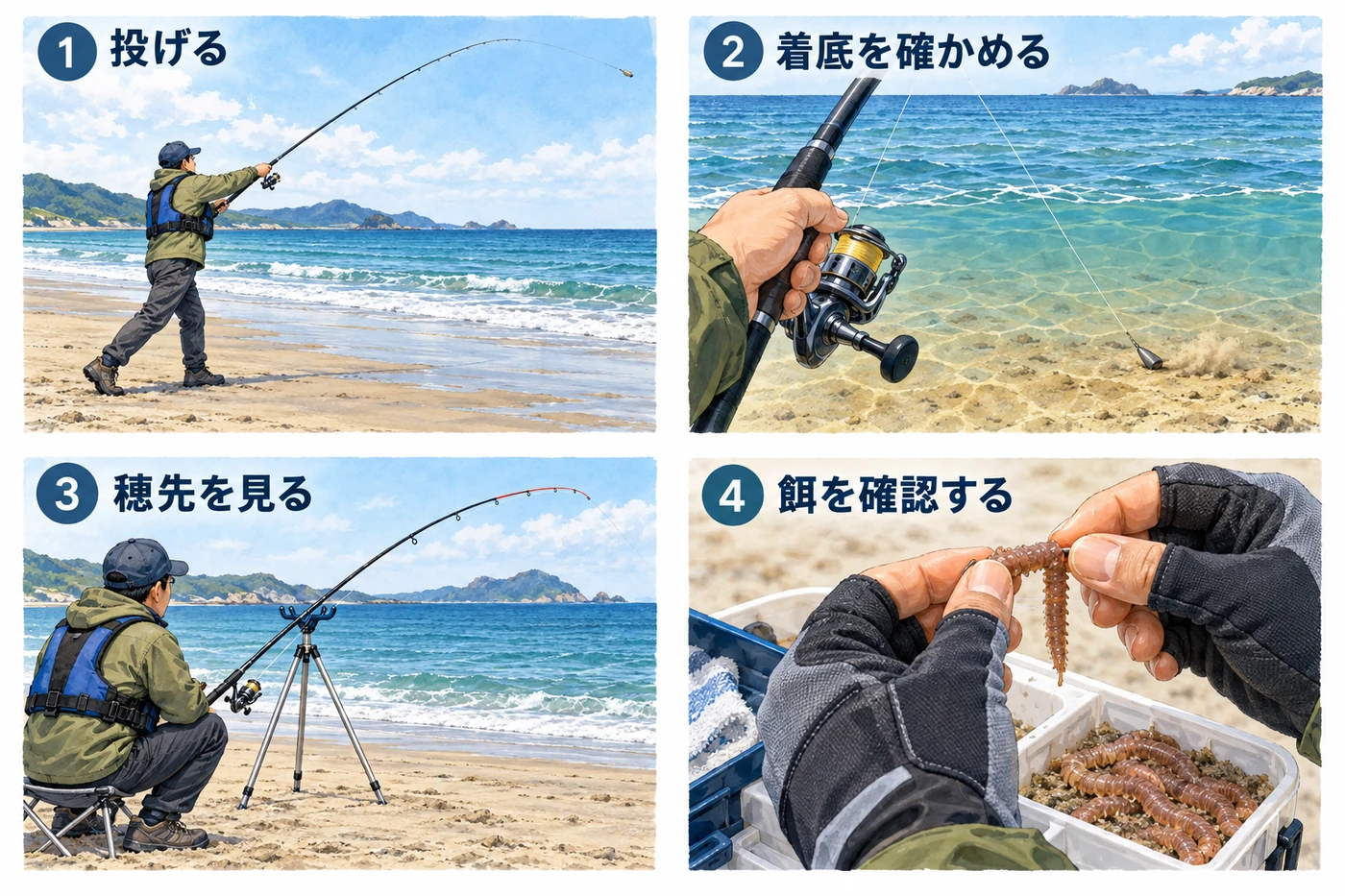投げる、着底を確かめる、穂先を見る、餌を確認するという投げ釣りの4場面。
