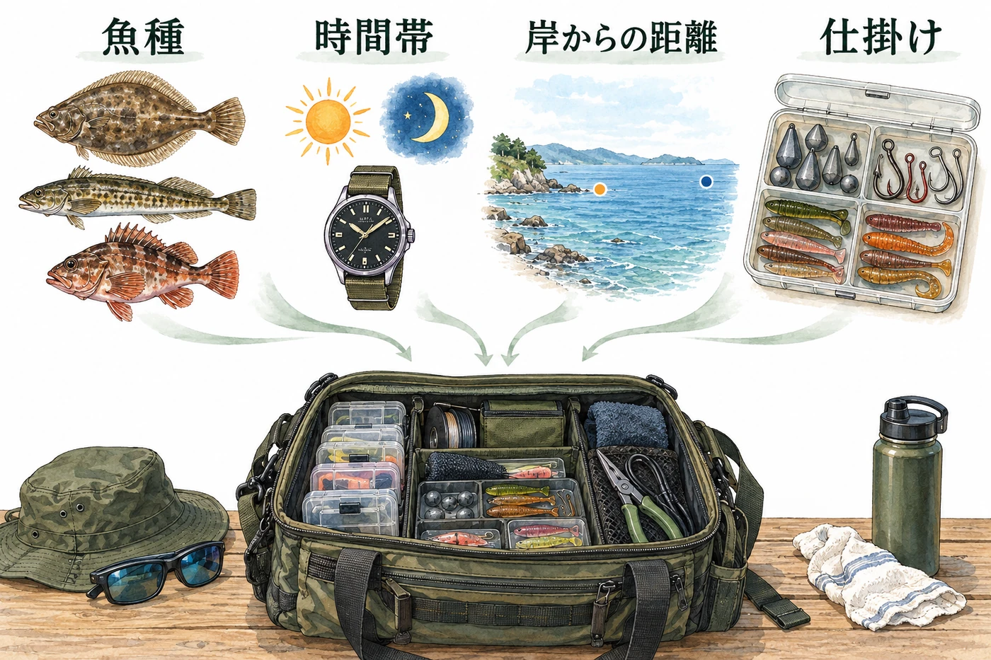 魚種、時間帯、岸からの距離、仕掛けを確かめてタックルバッグの中身を決めるイラスト。