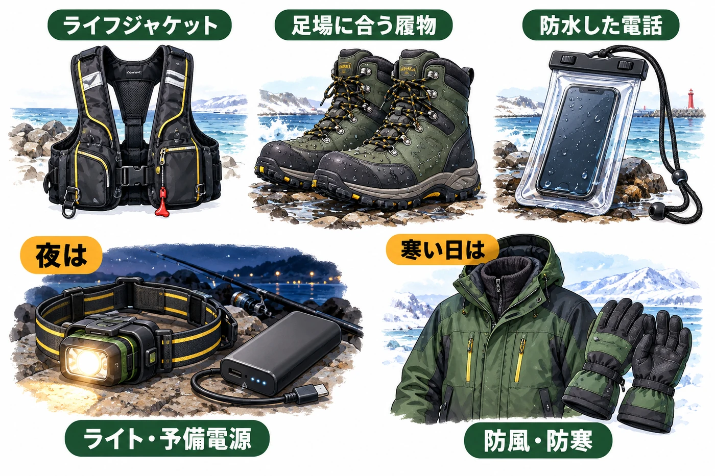 ライフジャケット、足場に合う履物、防水した電話。夜にはライトと予備電源、寒い日には防風・防寒着を用意するイラスト。