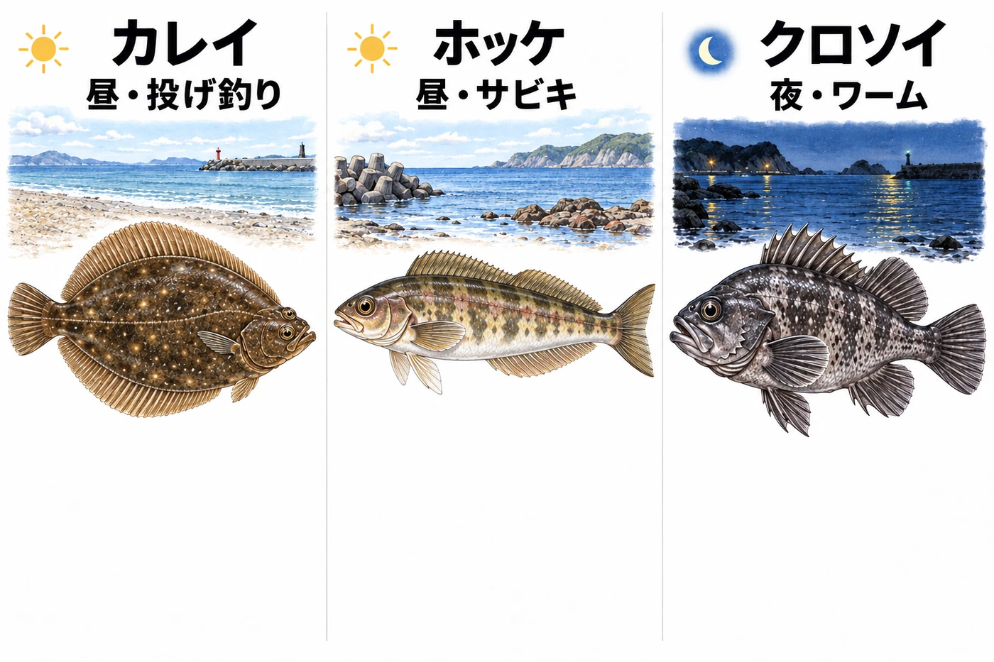 カレイは昼の投げ釣り、ホッケは昼のサビキ、クロソイは夜のワームという候補を描いたイラスト。